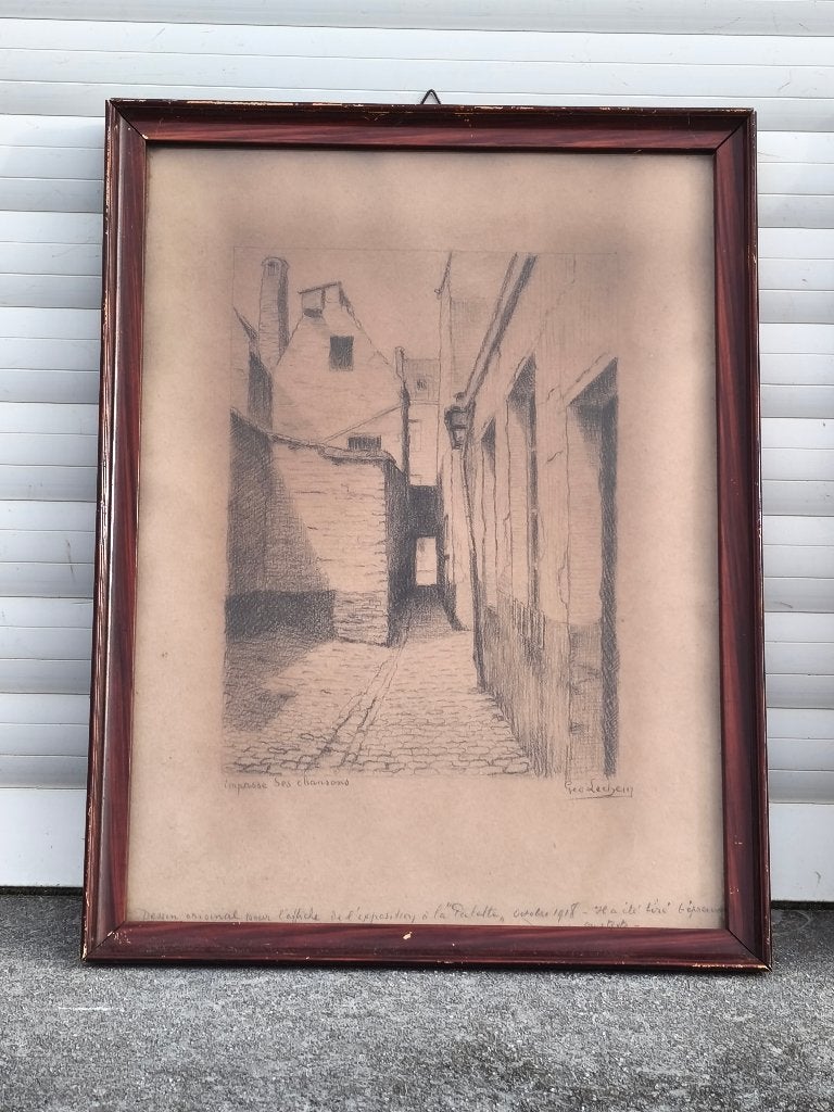 Dessin impasse des chansons signe geo lechein, Antiek en Kunst, Kunst | Tekeningen en Fotografie, Ophalen of Verzenden, Tekening