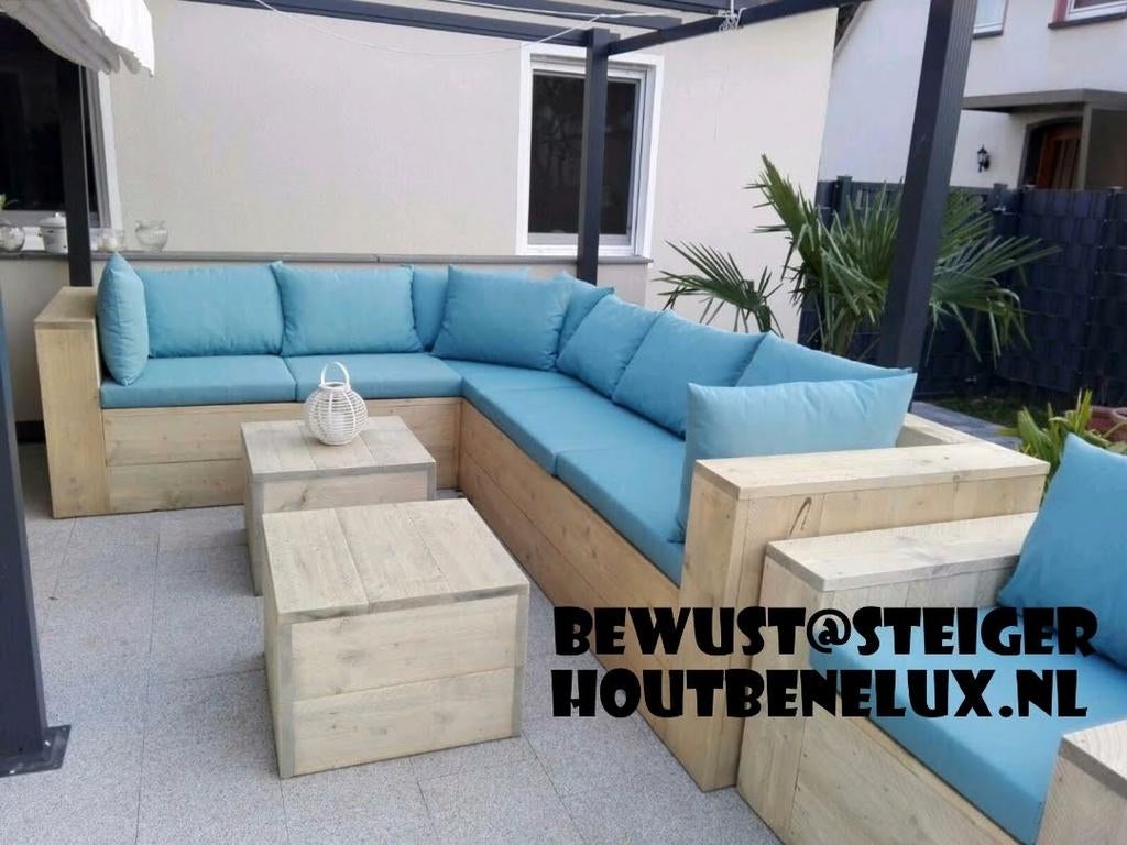 Steigerhouten hoekbank – maatwerk, comfort/ lange levensduur, Ophalen of Verzenden, Steigerhout, Eettafel, Loungeset