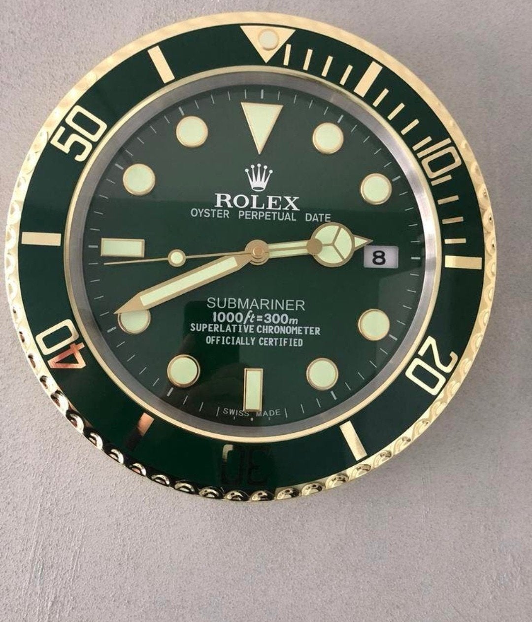 Rolex Hulk / Groen Submariner goud wandklok, Ophalen of Verzenden, Goud, Glow in the dark, Wandklok