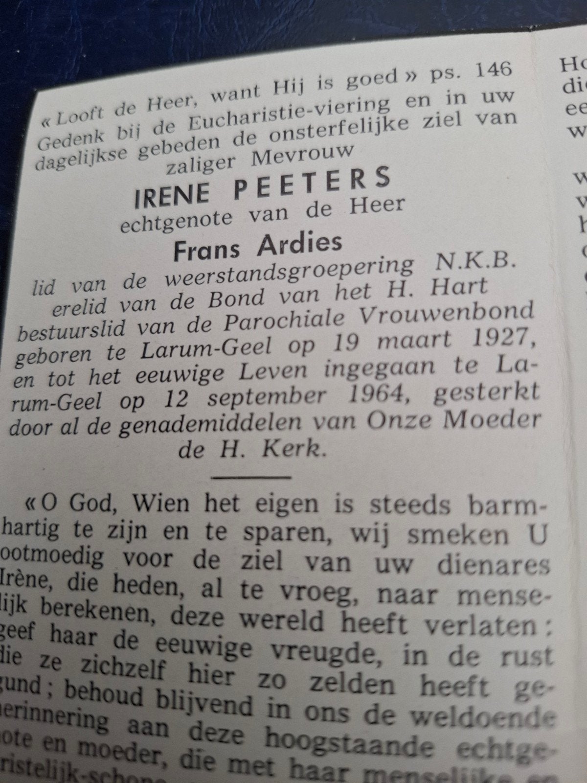 bidprentje lid van de weerstandsgroepering N.K.B., Verzamelen, Bidprentjes en Rouwkaarten, Ophalen of Verzenden, Bidprentje