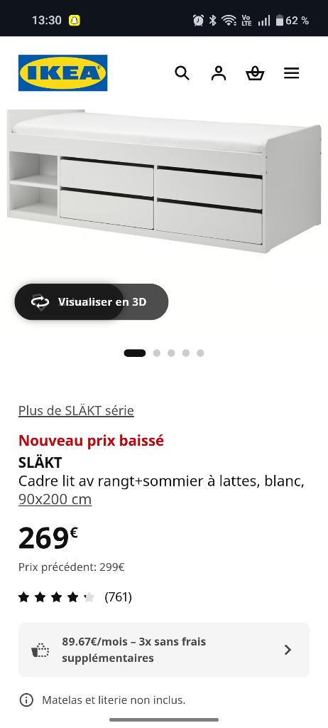 Cadre de lit Ikea SLALT, Sommier à lattes, Enlèvement, 180 cm ou plus, 85 à 100 cm
