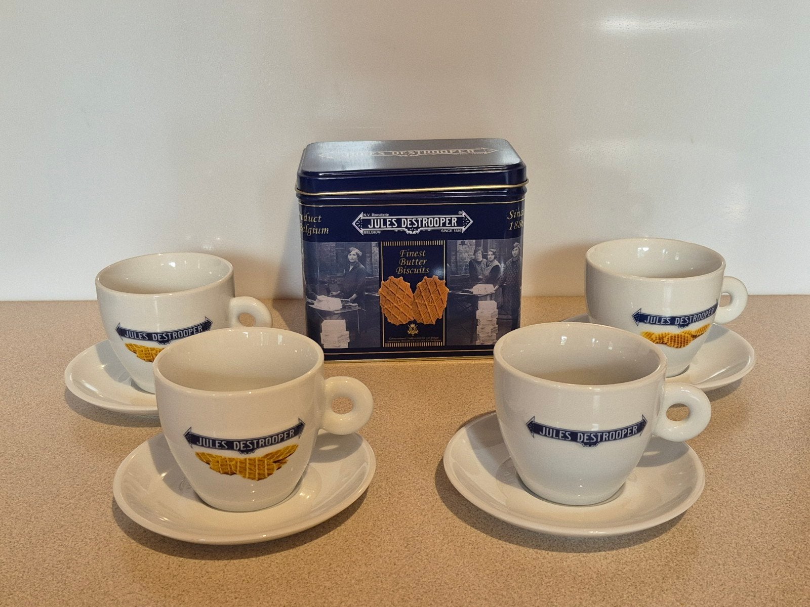 Jules Destrooper porselein mok tas espresso + koekjesblik, Ophalen of Verzenden, Zo goed als nieuw, Koek(jes), Overige merken
