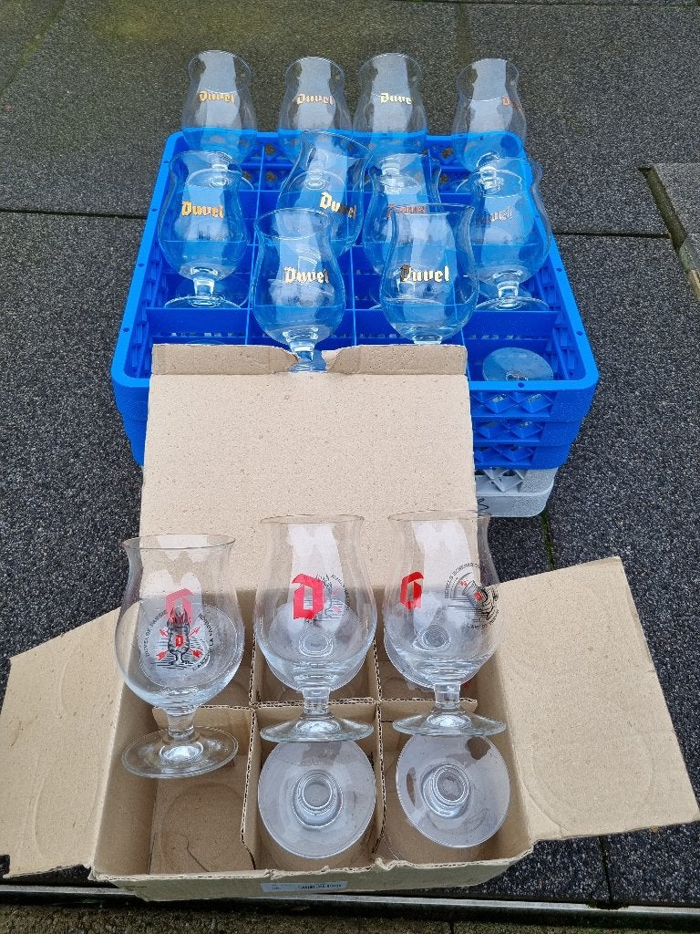 34 Duvel glazen, Verzamelen, Biermerken, Ophalen, Gebruikt, Glas of Glazen, Duvel