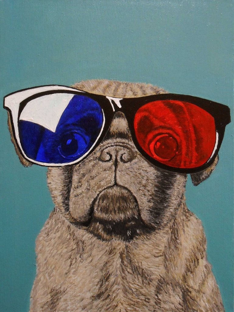 « M. Stereo Dog », Antiquités & Art, Art | Peinture | Moderne, Animaux, Peinture à l'huile, Textile, Certificat d'authenticité