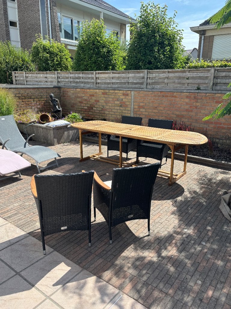 Gratis houten tuintafel met stoelen, Enlèvement ou Envoi, Utilisé, Ovale, Bois