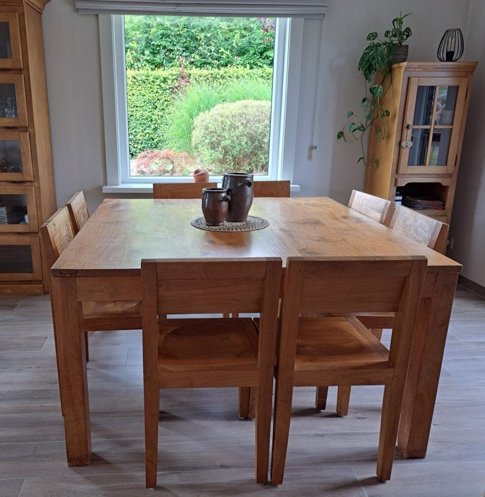Eettafel en 8 stoelen, optioneel bijpassende salontafel, Huis en Inrichting, Ophalen, Gebruikt, Vijf personen of meer