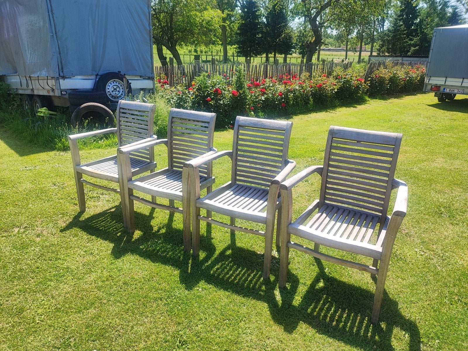 4 teaken tuinstoelen, Ophalen, Zo goed als nieuw, Hout, Stapelbaar