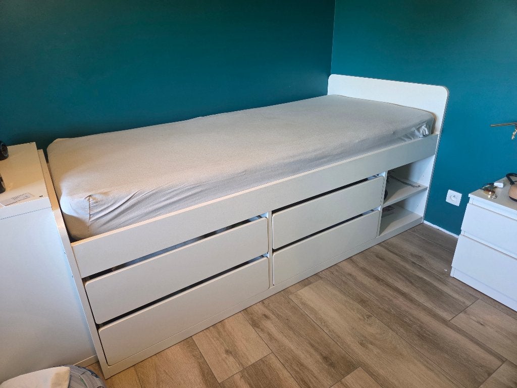 Lit 1 personne avec rangement, Maison & Meubles, 90 cm, Enlèvement, 200 cm, Blanc
