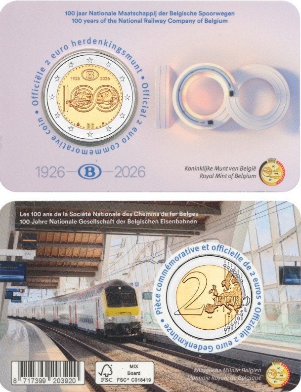 coincard 2 euros Belgique 2026 100 ans de la SNCB Flamande, Timbres & Monnaies, Envoi, Belgique, 2 euros