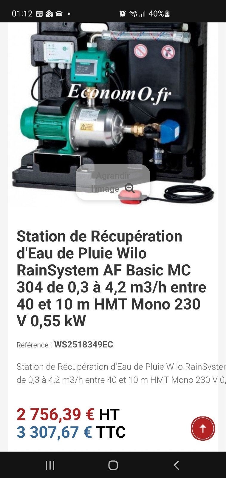 station récupération d eau de pluie WILO neuf, Jardin & Terrasse, Enlèvement