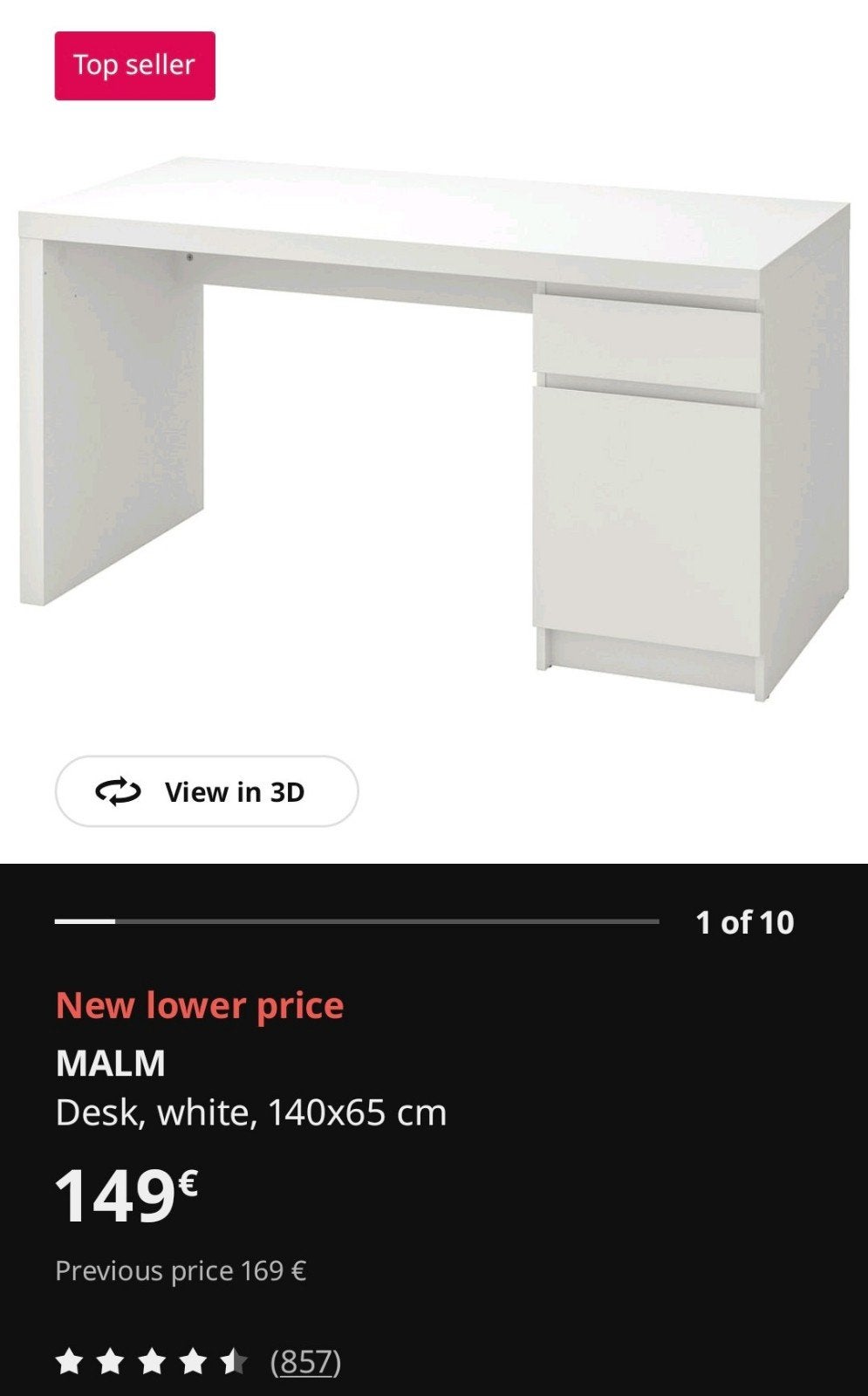 IKEA MALM bureau blanc 140 x 65cm, Maison & Meubles, Bureaux, Scandinave, 65 cm, Comme neuf, Enlèvement