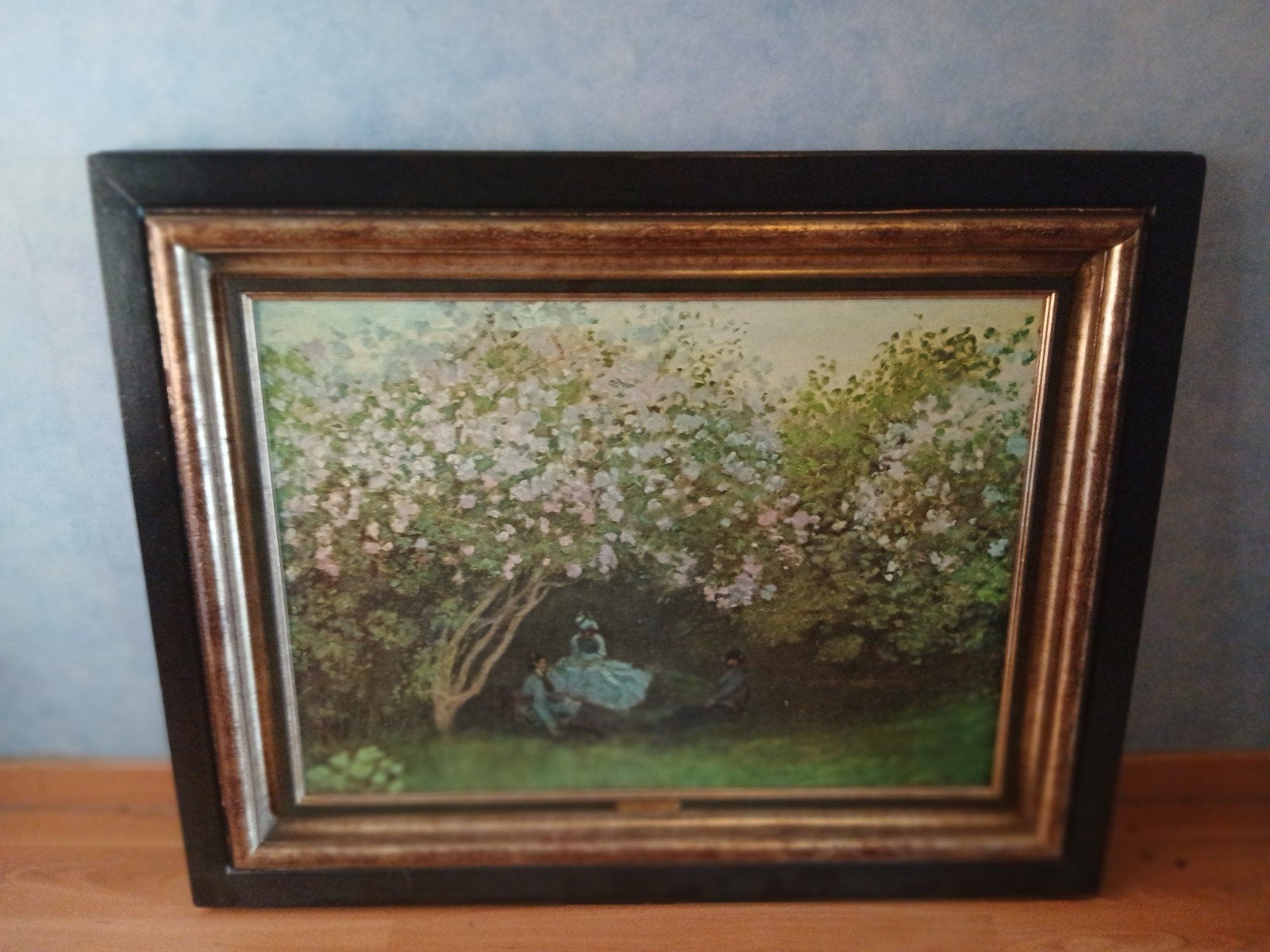 Prachtig ingelijst schilderij 'Rust onder paarse bloesems' -, Enlèvement, Vintage, Encadré, Toile