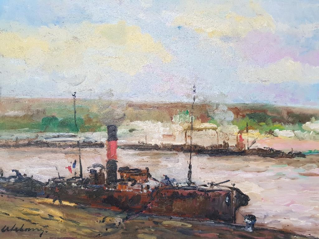 LEBOURG - Huile sur panneau - Bateaux à Rouen, Antiquités & Art, Art | Peinture | Classique, Envoi