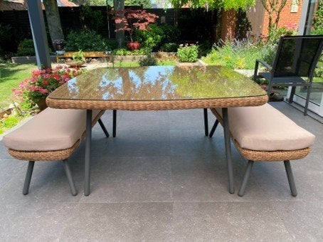terrastafel met 2 zitbankjes, Jardin & Terrasse, Tables de jardin, Comme neuf, Carré, Osier, Enlèvement