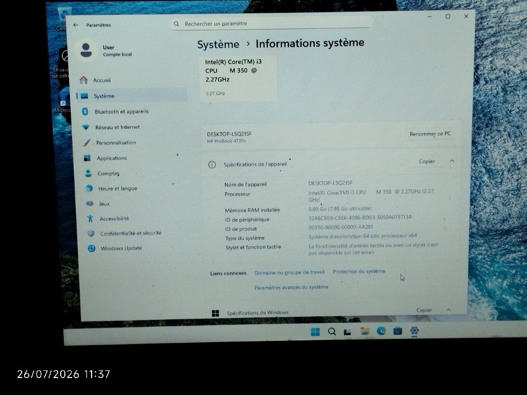 Fonctionne ! Probook HP i3 @ 2,27 avec win 11 light Tiny, 256 GB, HDD, 8 GB, 16 pouces