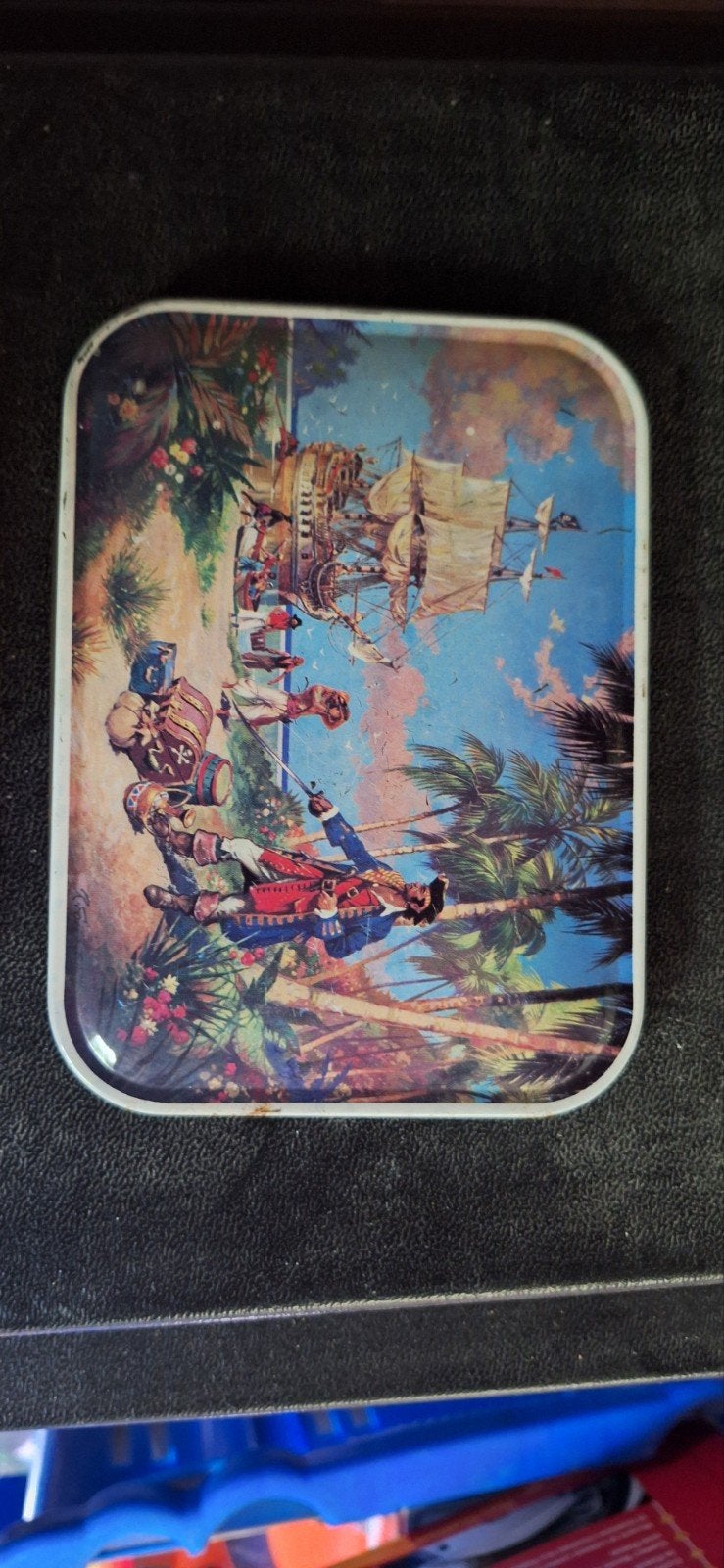 antiek blik bleu bird toffee piratenscjip jaren 50, Verzamelen, Ophalen of Verzenden