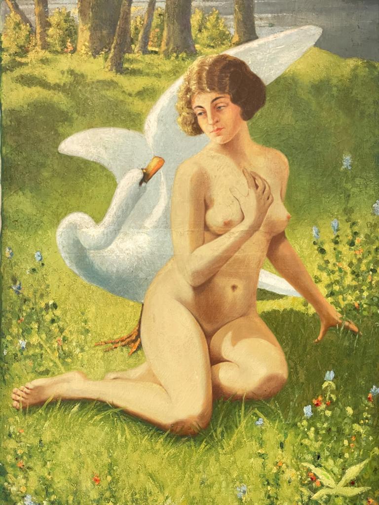Groot oud schilderij Vrouw met zwaan, Antiek en Kunst, Ophalen