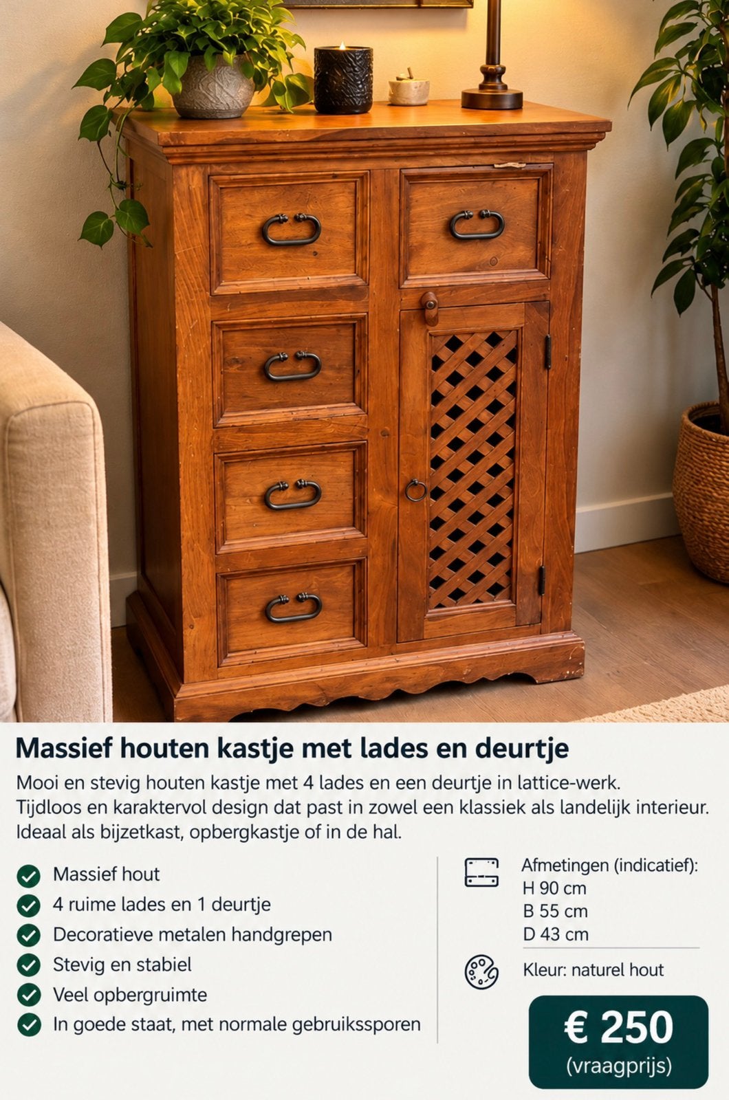 Massief houten kastje, Huis en Inrichting, Ophalen, Zo goed als nieuw