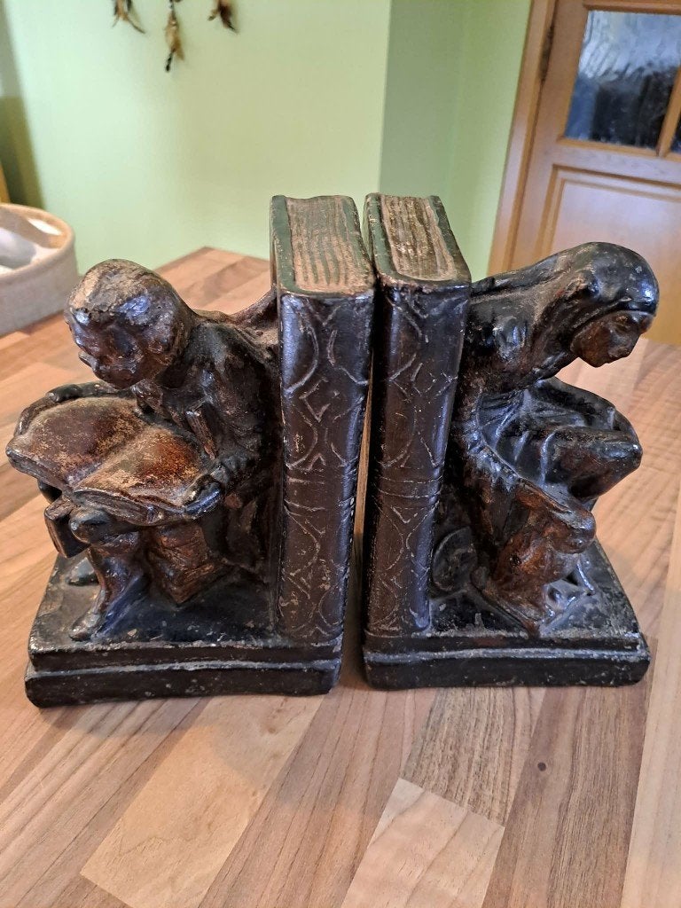 Paar vintage boekensteunen Erudit en nar met een uil, Ophalen