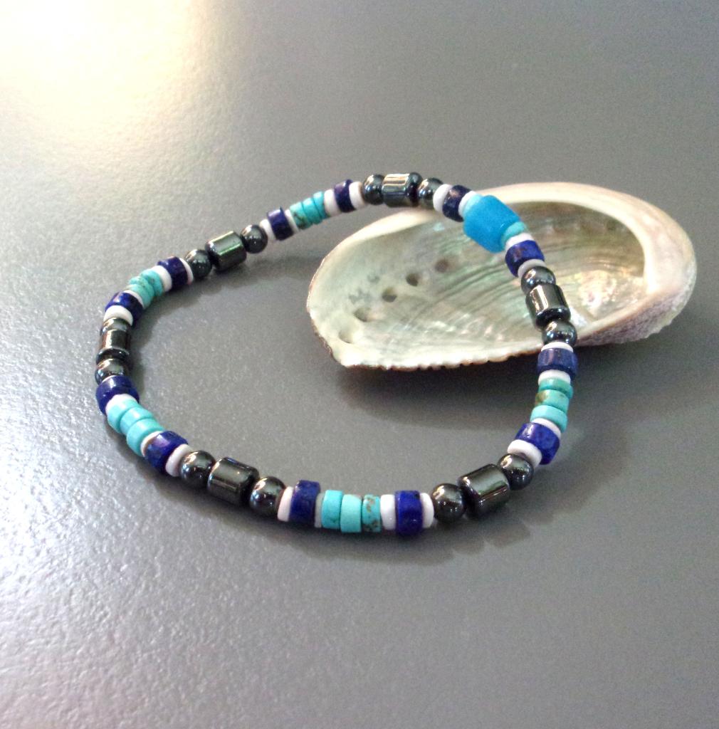 Fijne Indiaanse armband voor man of vrouw in turkoois, lapis, Handtassen en Accessoires, Armbanden, Met bedels of kralen, Blauw