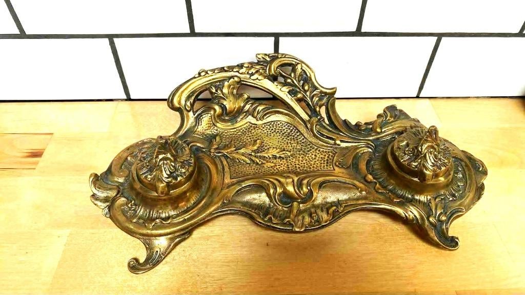 Magnifique ancien encrier en bronze art déco avec ses 2 pots, Antiquités & Art, Enlèvement ou Envoi, Bronze