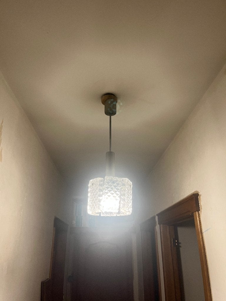 Lampe suspendue vintage en forme de cube de verre de glace, Maison & Meubles, Space Age, Enlèvement ou Envoi, Comme neuf, Verre