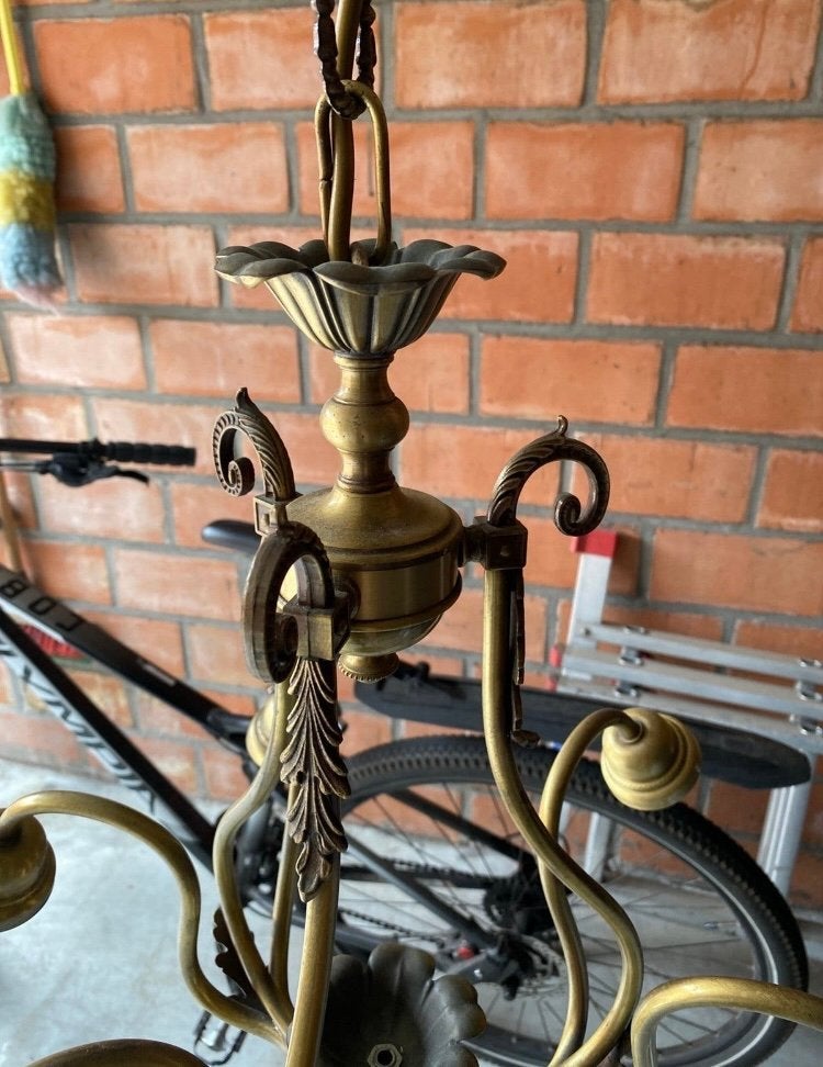 Antieke koperen/bronzen luster met 6 bloemglazen kapjes, Ophalen, Zo goed als nieuw, Glas, Antiek