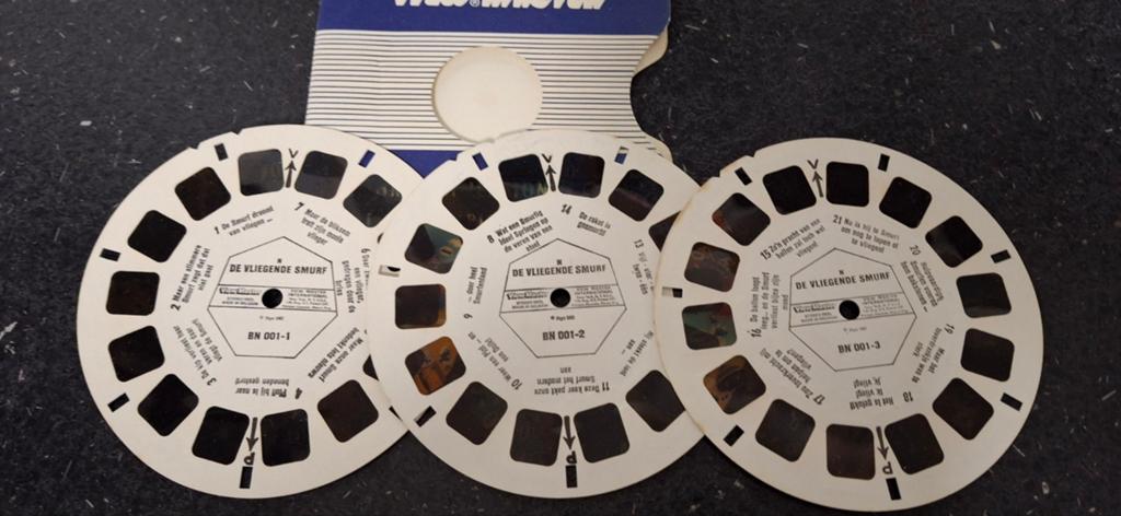 Viewmaster View-Master Vliegende Smurf 3 schijfjes, Verzamelen, Ophalen of Verzenden, Zo goed als nieuw