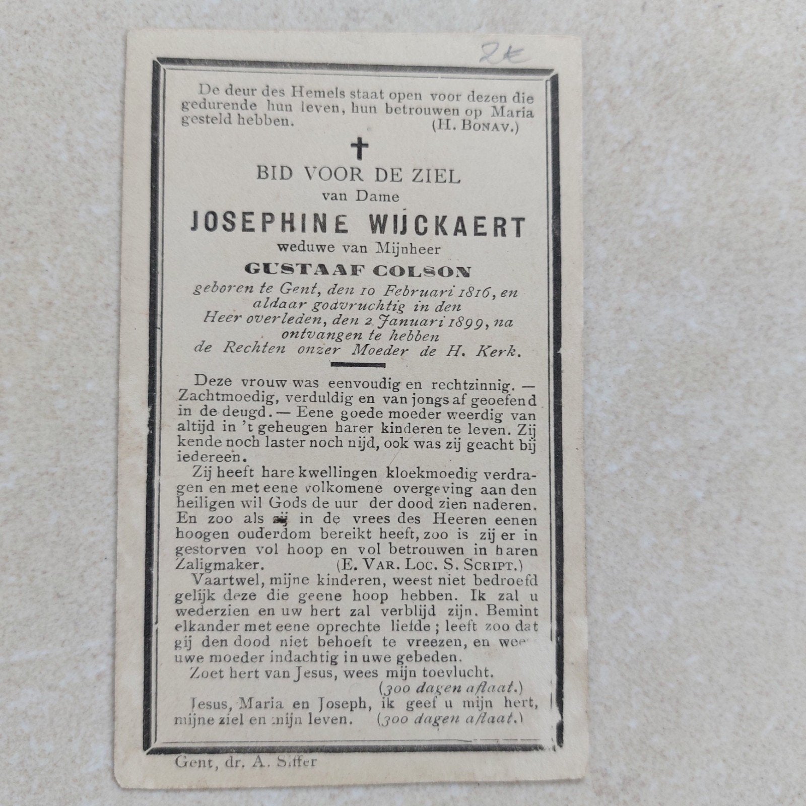 oud doodsprentje Gent 1816-1899, Ophalen of Verzenden, Bidprentje