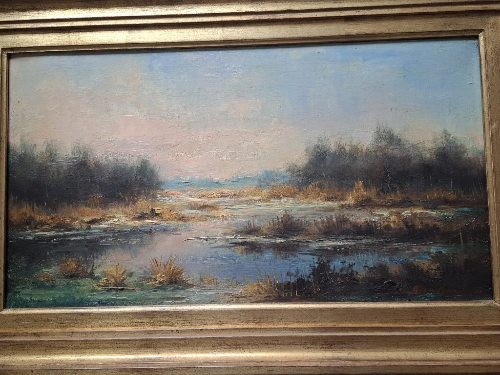 Schilderij A .Waterschoot, Peinture à l'huile, Paysage, Enlèvement, Signé