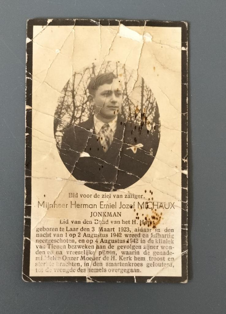 Slachtoffer WO II - Laar Tienen - boerenwacht augustus 1942, Verzamelen, Bidprentjes en Rouwkaarten, Bidprentje, Verzenden