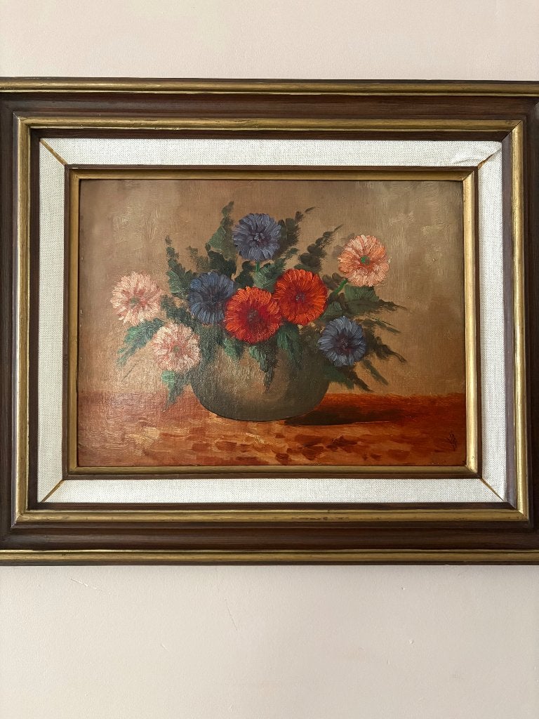 Vintage olieverfschilderij, Peinture à l'huile, Enlèvement, Vintage, Fleurs