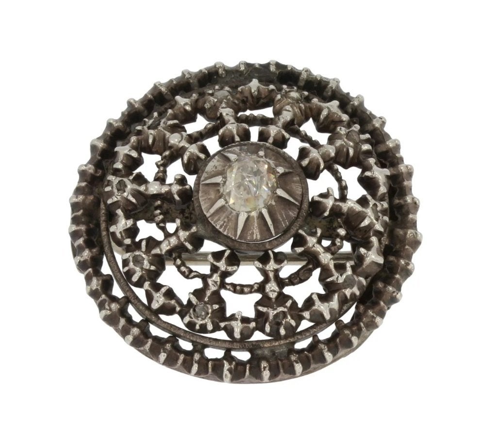 Zilveren antieke broche met roosgeslepen diamant fraai, Ophalen of Verzenden, Broche, Met edelsteen