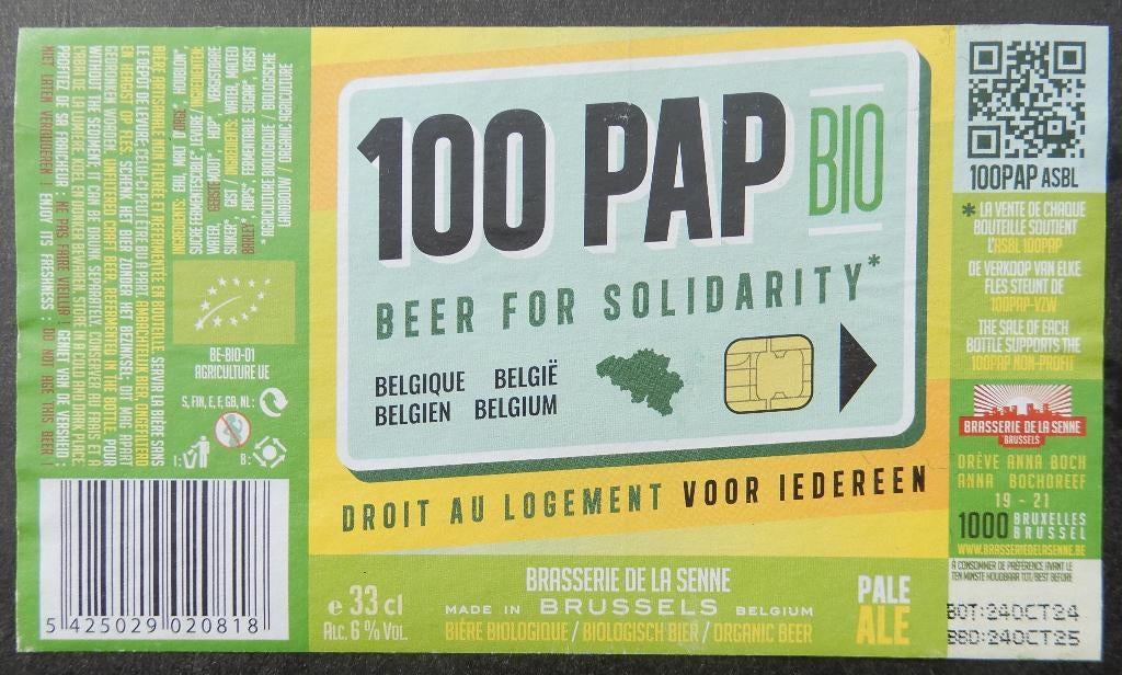 Bieretiket 100 PAP Brouwerij De La Senne (13e6), Verzenden, Gebruikt