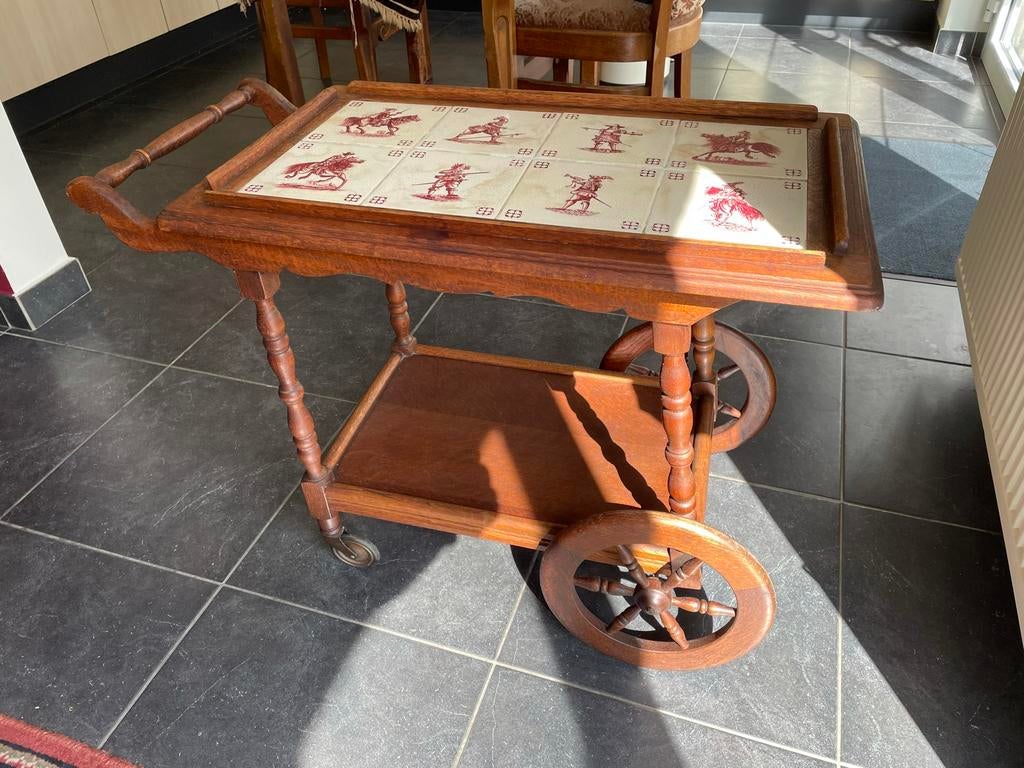 antieke thee-tafel massief hout met tegeltjes blad., Antiek en Kunst, Ophalen