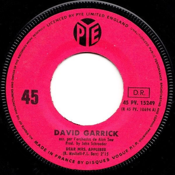 7" David Garrick – Dear Mrs. Applebee, CD & DVD, Vinyles Singles, Enlèvement ou Envoi, 7 inch, Utilisé, Pop