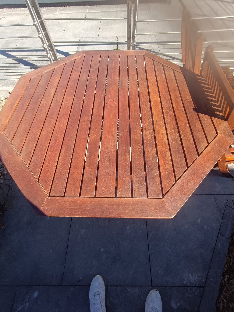 table octogonale en teck + 4 chaises, Tuin en Terras, Ophalen, Zo goed als nieuw, Teakhout