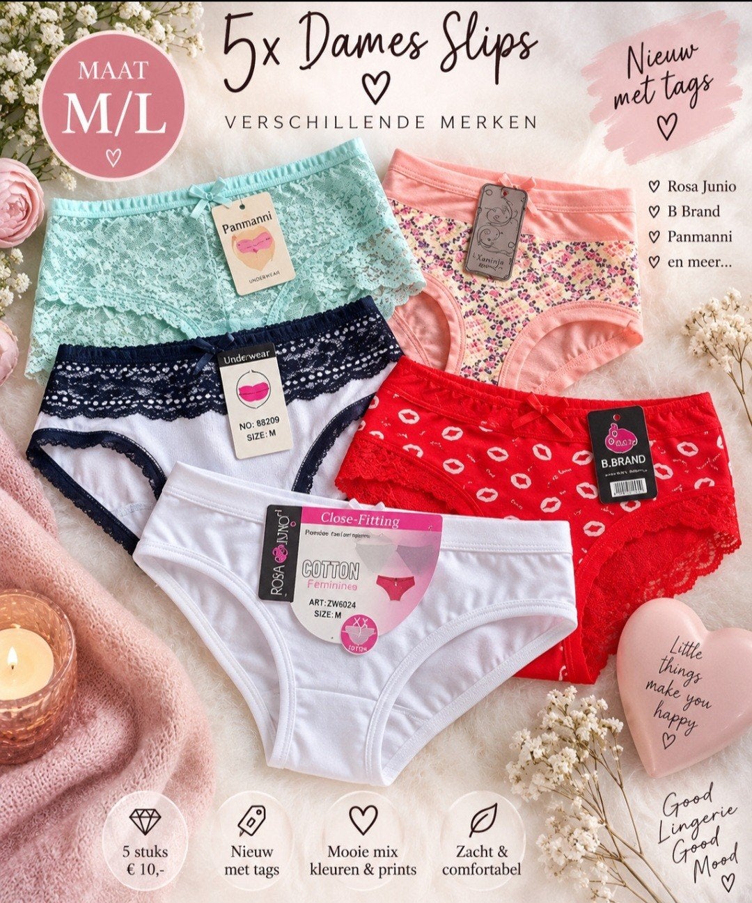 Set van 5 Nieuwe Damesslips Maat M/L, Rosa Junio, Ophalen of Verzenden, Meerkleurig, Slip