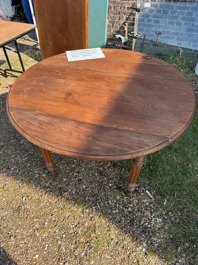 Table de cuisine ronde, base en chêne, tablette en pin, Antiek, 100 à 150 cm, Quatre personnes, Rond