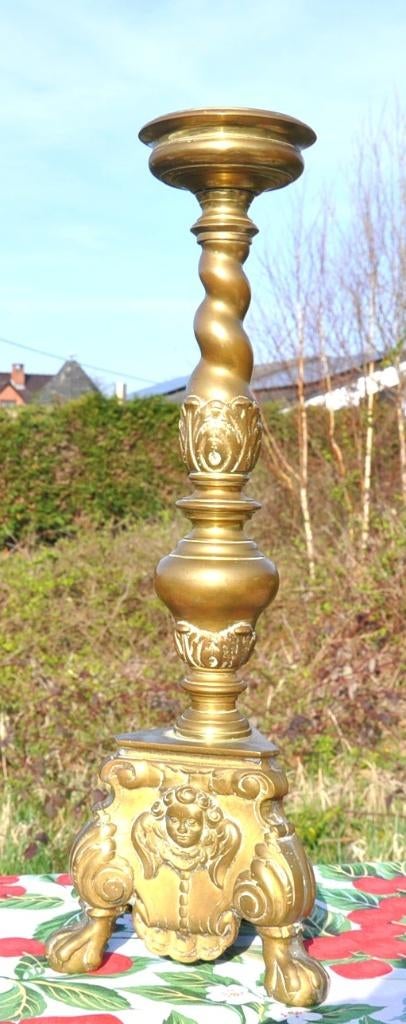 pique cierge en bronze base triangulaire decor ange, Enlèvement ou Envoi, Cuivre ou Bronze