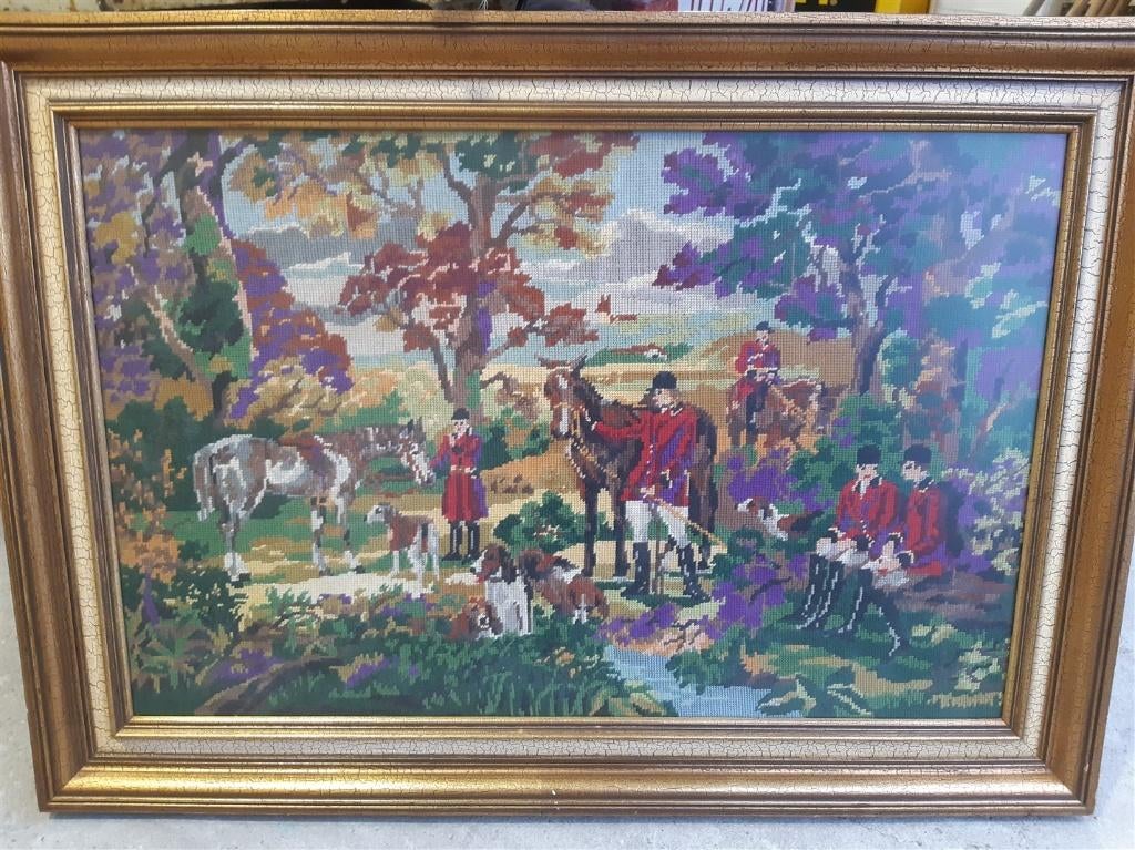 Naaiwerk in kader : Paarden en honden, Antiek en Kunst, Ophalen of Verzenden