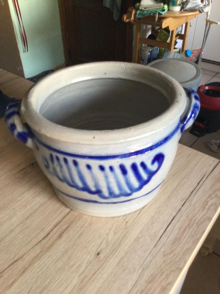 Pot en grès gris et bleu hauteur 16 cm, Utilisé
