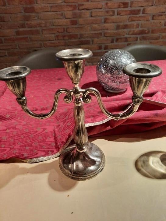 Drie armige kandelaar verzilverd, Antiek en Kunst, Antiek | Kandelaars, Ophalen of Verzenden, Zilver