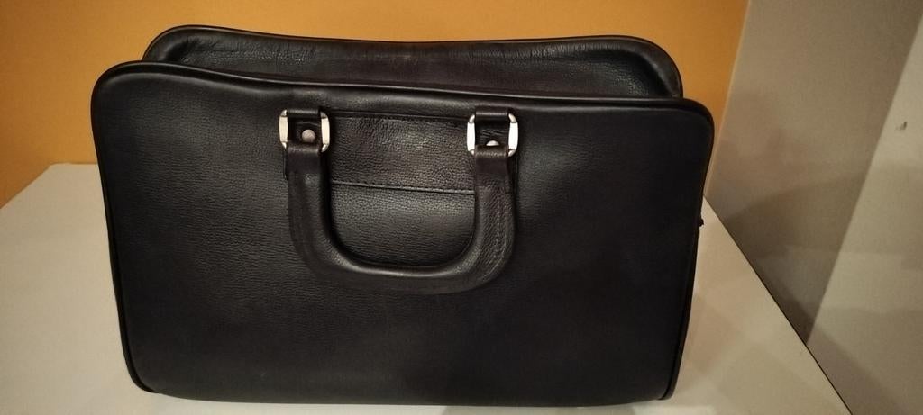 Vintage zwarte lederen boekentas met rits, Handtassen en Accessoires, Ophalen of Verzenden, Gebruikt