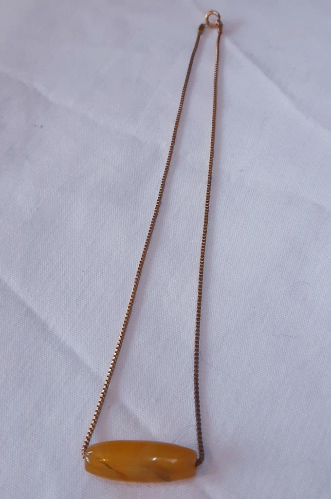 Collier vintage en laiton doré avec pierre ovale effet ambré, Enlèvement ou Envoi, Avec pendentif, Or, Utilisé