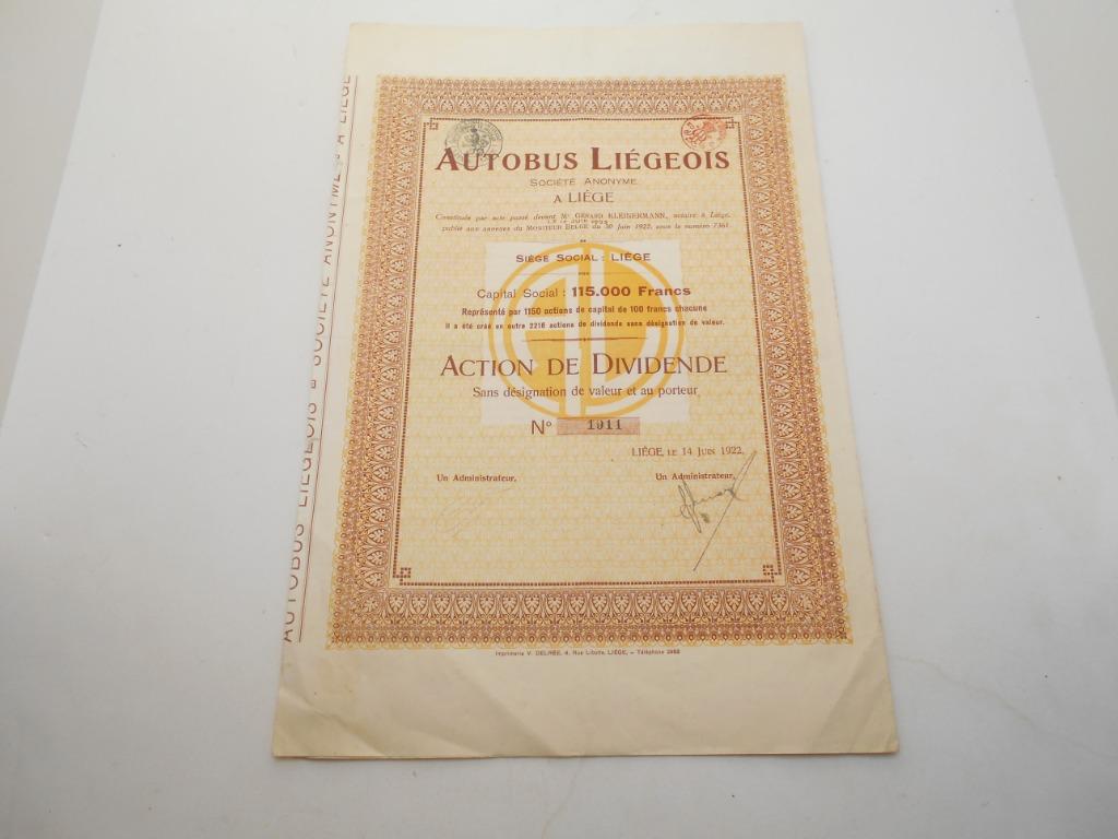 action de dividende " Autobus liegeois " Liège 1922, Enlèvement ou Envoi