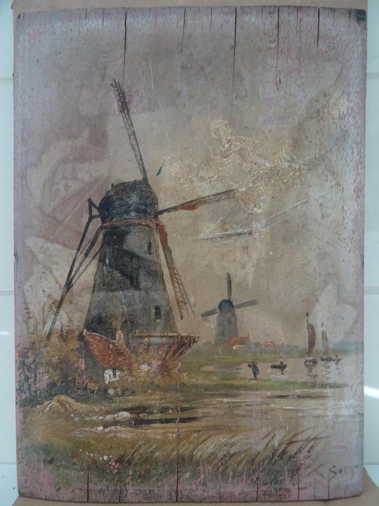 Antiek schilderij Hollandse molens paneel schilderij Soey, Ophalen of Verzenden