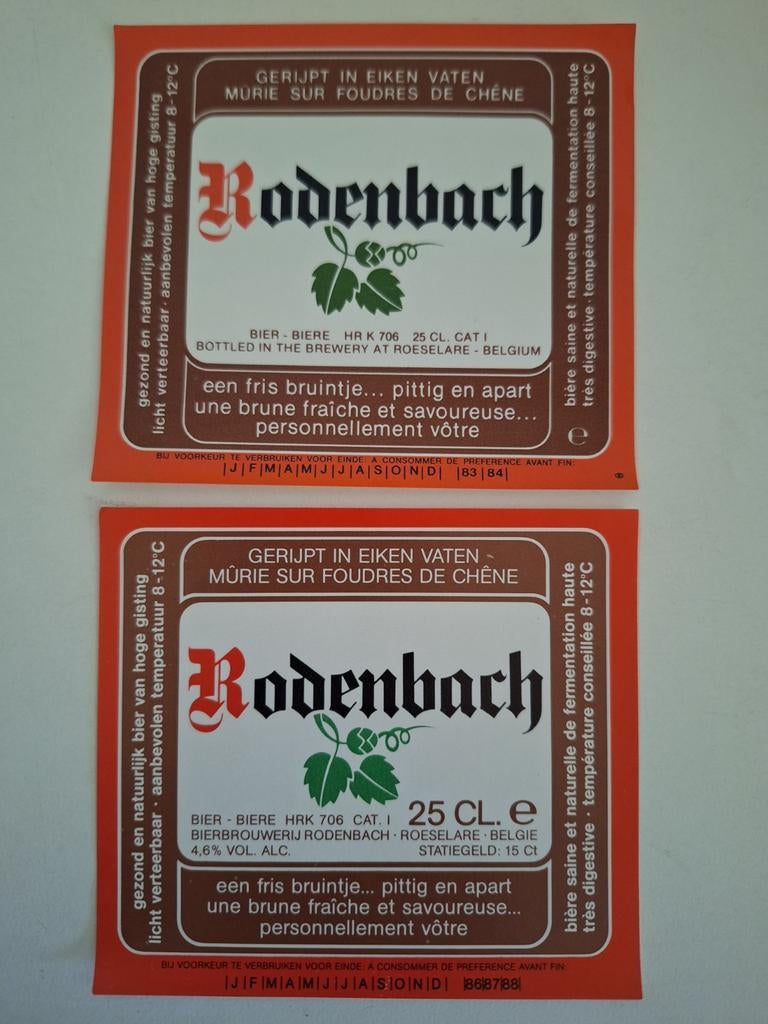 2x bieretiketten brouwerij Rodenbach Roeselare, Verzamelen, Biermerken, Ophalen of Verzenden
