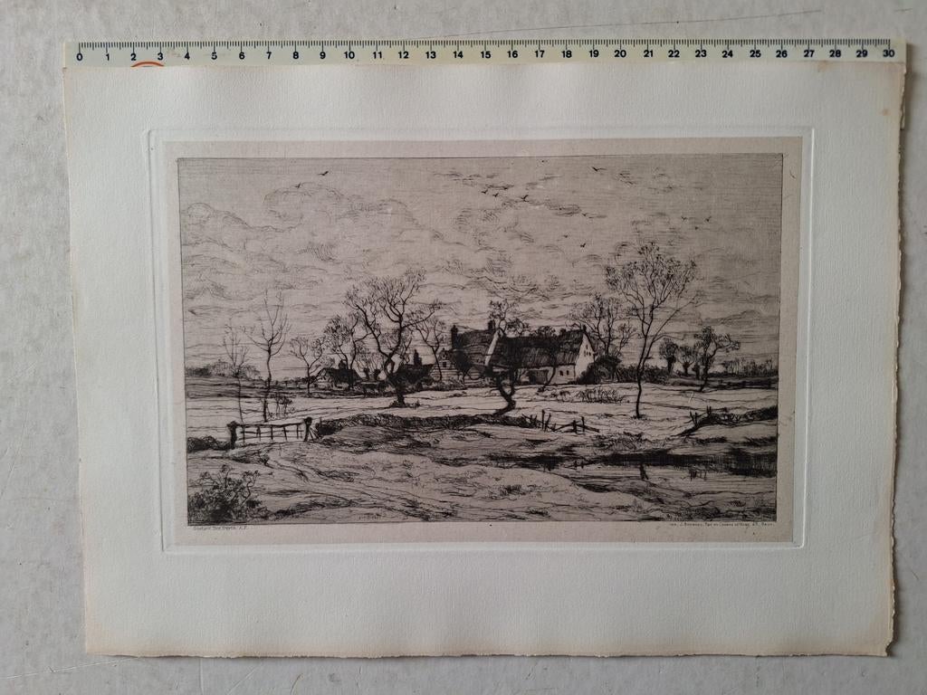 Originele ets Gustave Den Duyts "Hoeve te Groenendaal" 1875, Antiek en Kunst, Kunst | Etsen en Gravures, Ets, Gesigneerd, Ophalen of Verzenden