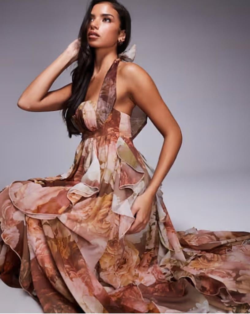 ASOS LUXE - Maxi-halterjurk in bruine bloemenprint, Maat 38/40 (M), Galajurk, Nieuw, Ophalen of Verzenden